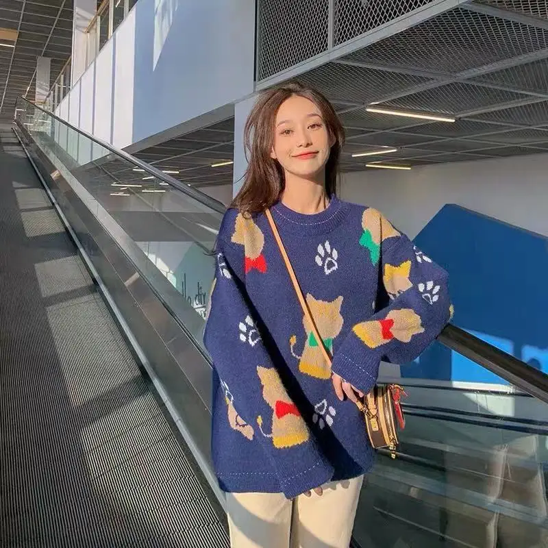 

2020 Korean Style Sweater Women Cat Pattern Printed Pullover Loose Knitted Jumper Autumn Winter Harajuku Sweater